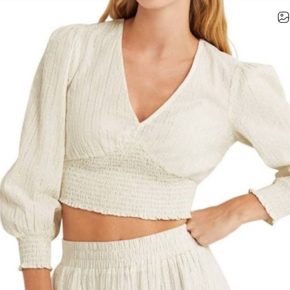 Boden Lurex Smocked Crop Top In Ivory Size 12